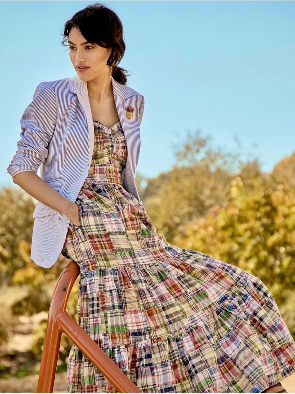 Ralph Lauren Plaid Spaghetti‑Strap Tiered Maxi Dress in Multicolor
